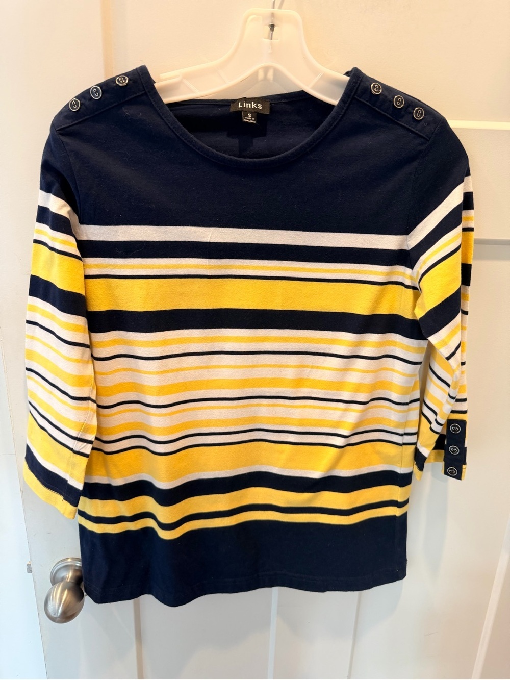 Links Small Nautical Striped Top Navy Yellow White Button Shoulder 3/4 Sleeve